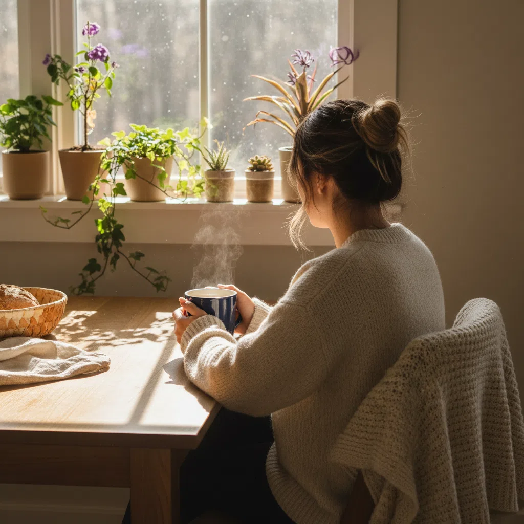 Person at kitchen table with warm morning coffee, sunlight through window - botanical supplement daily routine